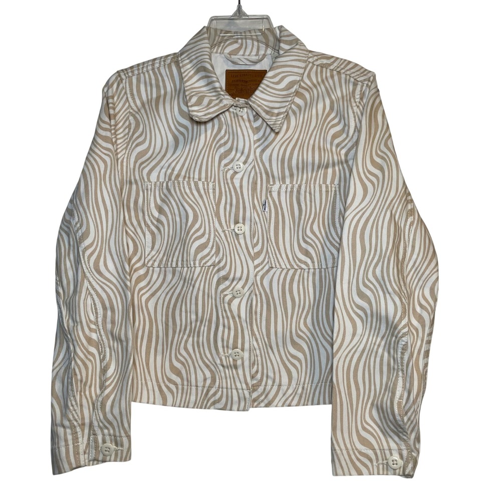 Levi's Premium Trucker Jacket Women Medium Tan White Wave Print Button Up
